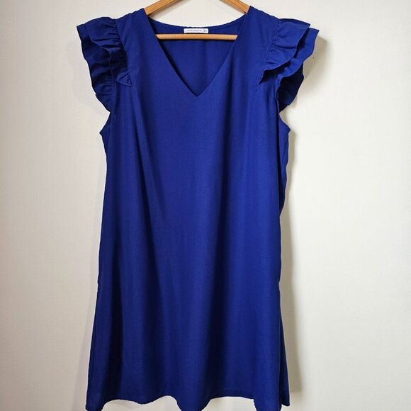 EUC STACCATO ELECTRIC BLUE V NECK FLUTTER SLEEVES SHORT DRESS SZ LARGE - Picture 1 of 15